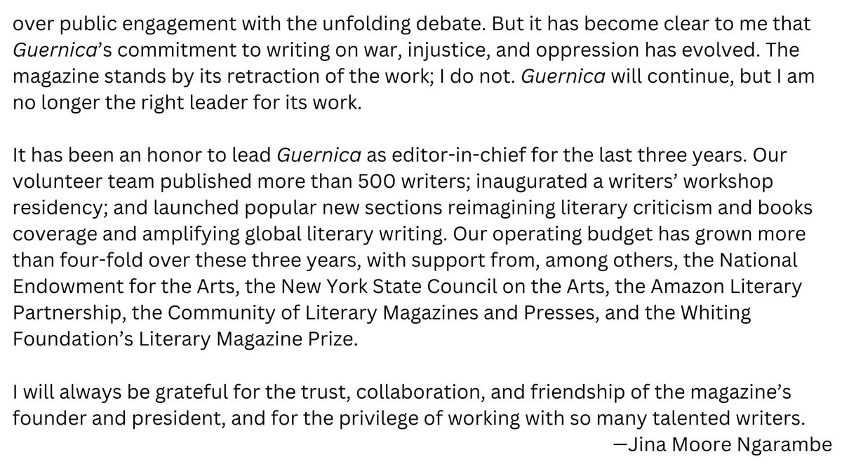 I have resigned as EIC of Guernica. After weeks of difficult conversation, it is clear to me that Guernica’s space for writing on war, injustice, and oppression has evolved away from commitments I consider essential. jinamoore.com/2024/04/05/my-…