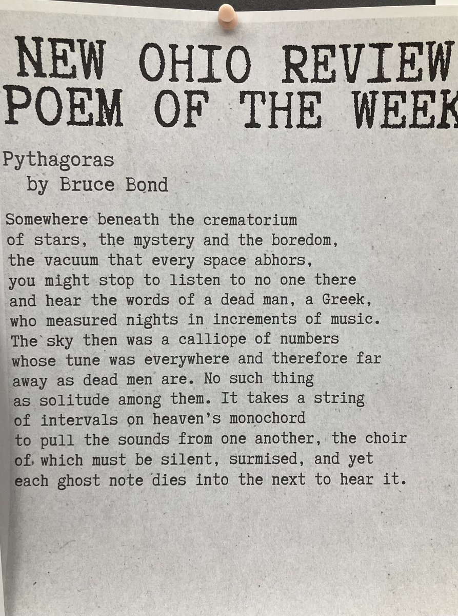 The New Ohio Review poem of the week is 'Pythagoras' by Bruce Bond from NOR15! Read more from the issue at newohioreview.org
