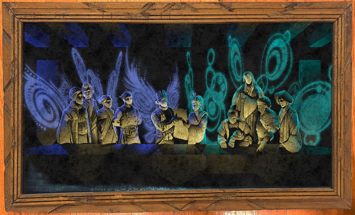 Time to share June's paintings with you! The first seems familiar - imagine The Last Supper but with fairies. It feels important, like a photo taken at a historic event. Why hide this in the attic? #BlackVelvetFairies
