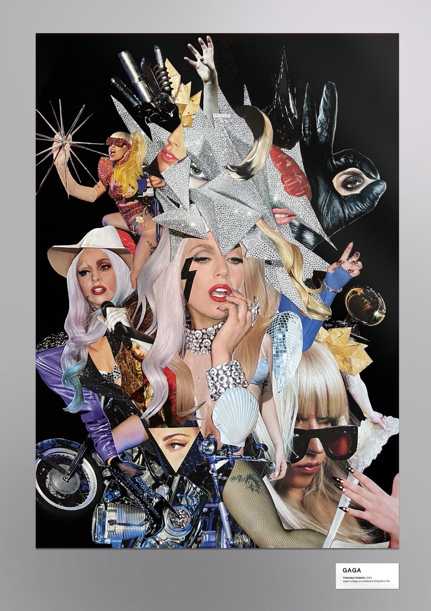 Panchecco's tweet image. G A G A 
paper collage on cardboard 220g 50x70 (2024)

I found a bunch of old calendars from 2012/13/14/15 that I had kept in my room when I was a teenager. I decided to create a new poster using cutouts from the pictures included

This is what GAGA is to me ⚡️