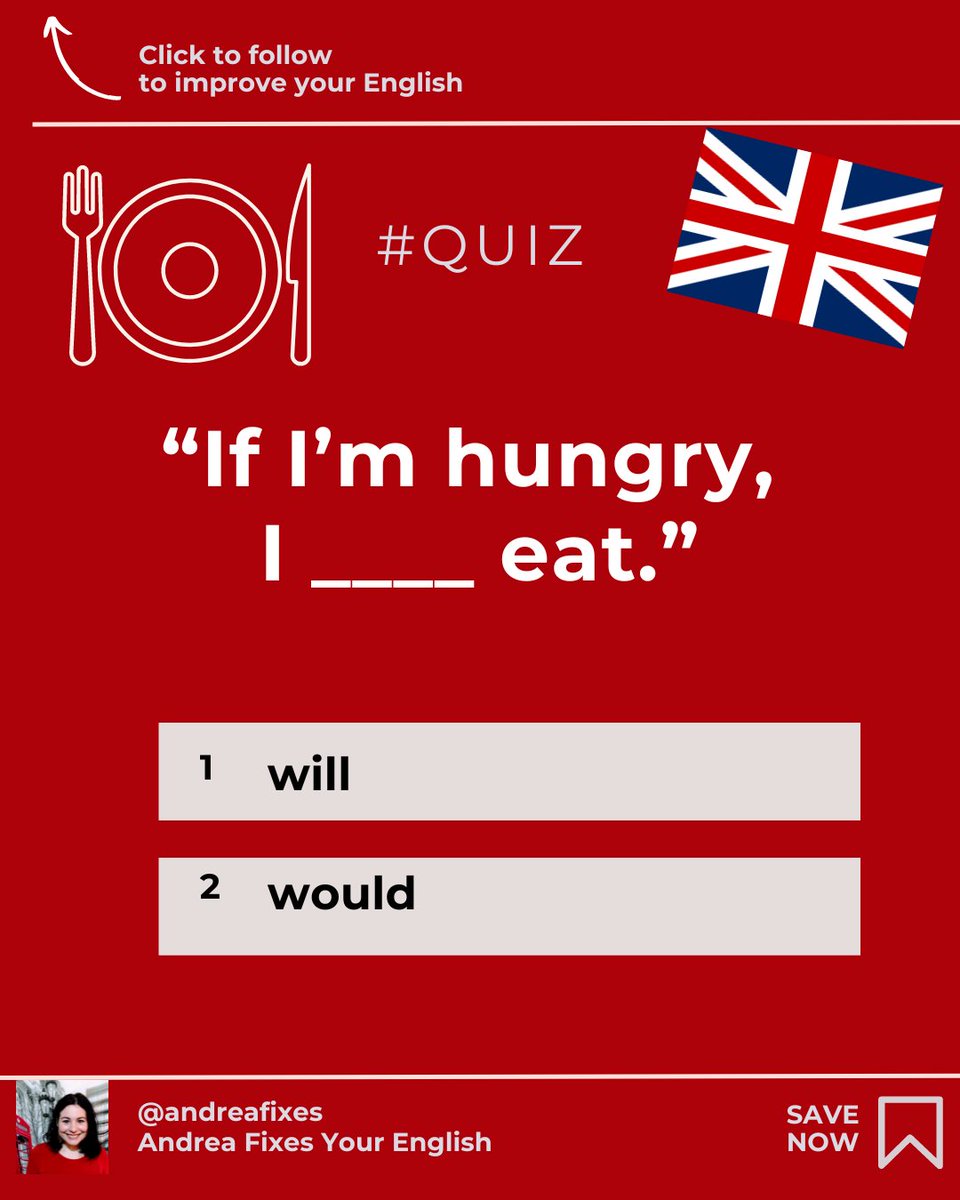 'If I'm hungry, I ---- eat.'
1) will
2) would

✅Contact me for private lessons!

Follow me on YouTube:
youtube.com/@andreafixes

🥳

#EnglishTutor #AdvancedEnglish #LearnEnglish #FluentEnglish #EnglishVocabulary #SpeakEnglish #EnglishProficiency #BetterEnglish #English #IELTS