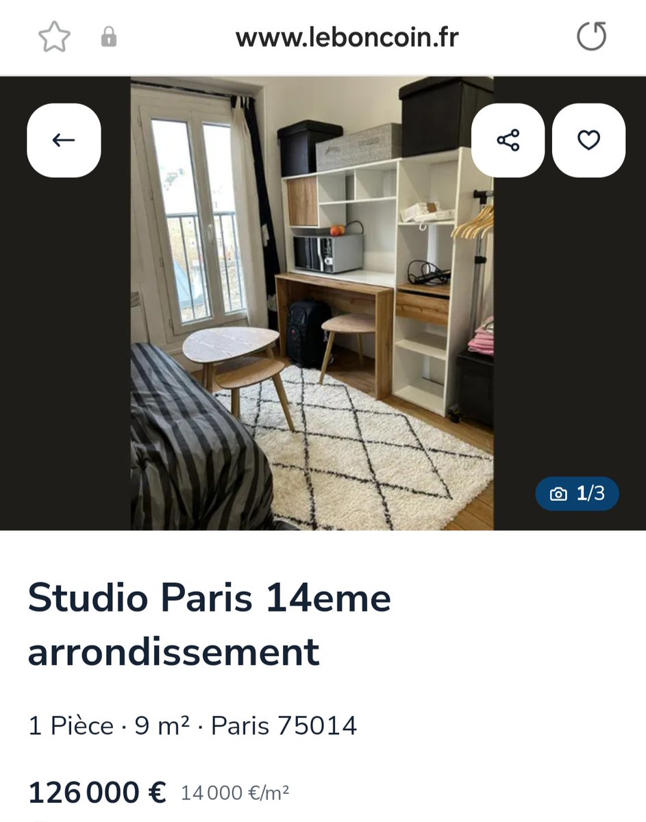 The asking price for this tiny Parisian studio is 126,000€, or 14,000€ per square meter - AND THE TOILET IS OUTSIDE THE APARTMENT, DOWN THE HALL. leboncoin.fr/offre/ventes_i…