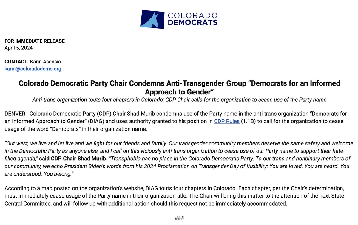 I call on viciously anti-trans org 'Democrats for an Informed Approach to Gender' to immediately cease use of the Party name in CO. We echo @POTUS in saying to trans + nonbinary members of our community: You are loved. You are heard. You are understood. You belong. #copolitics