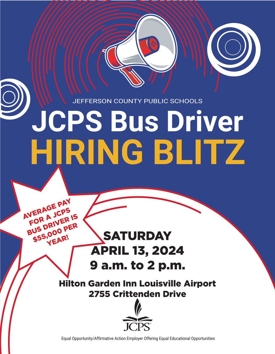 🚍 BUS DRIVER HIRING BLITZ | Join us THIS SATURDAY, April 13, from 9 a.m. to 2 p.m. for a Bus Driver Hiring Blitz at the Hilton Garden Inn Louisville Airport! Learn more about the position, and apply on site! #WeAreJCPS