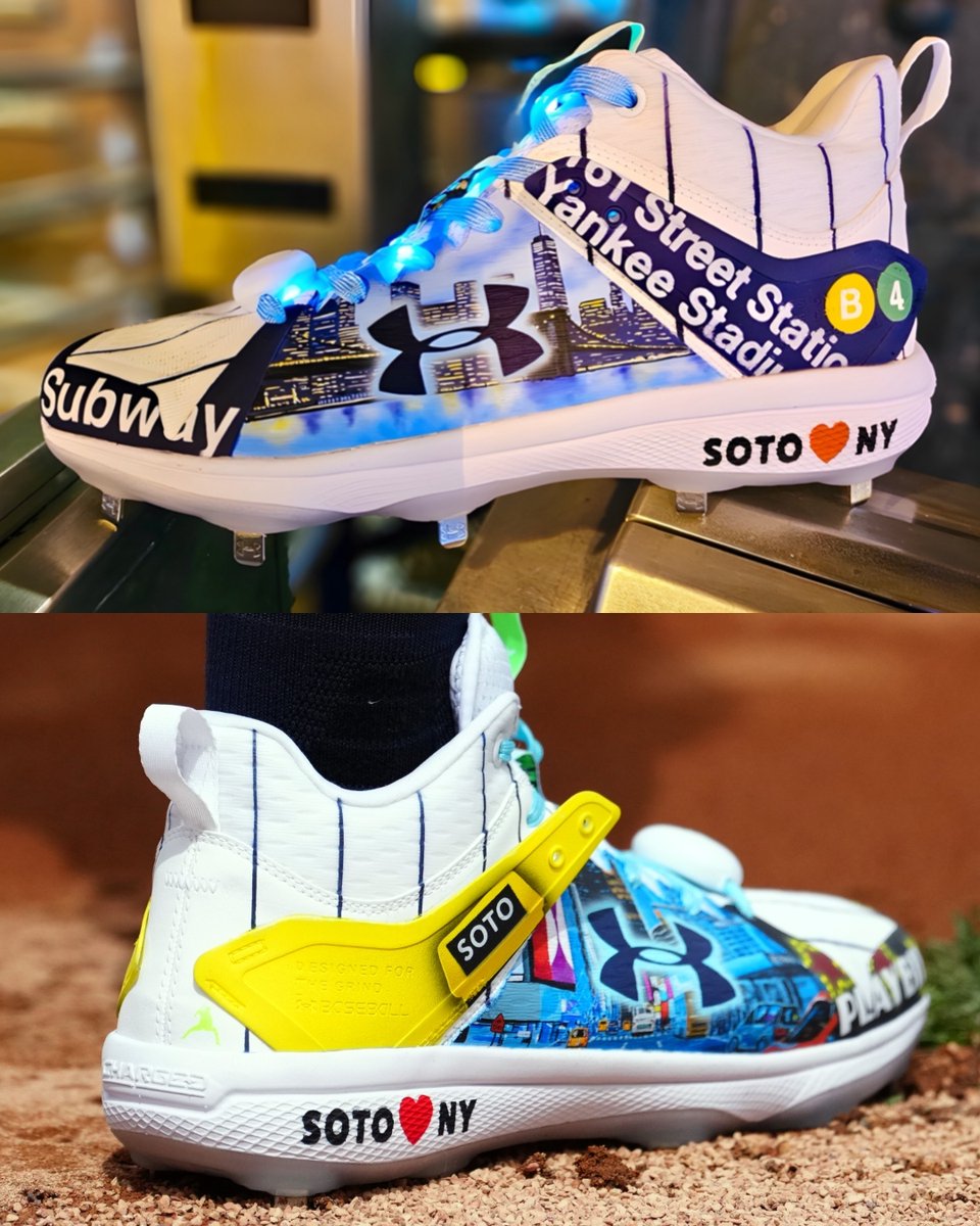 Juan Soto's New York-themed cleats for his Bronx debut are next level 👀 Featuring everything from nods to Times Square and the Brooklyn Bridge -- they even have blue light-up laces