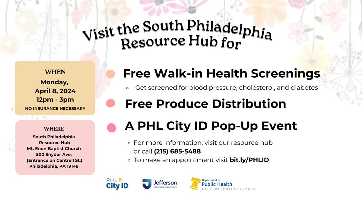 Come get a free health screening and free produce at our South Philly Resource Hub on Monday, April 8! Register to get a PHL City ID while you're there: bit.ly/PHLID. (1/2)