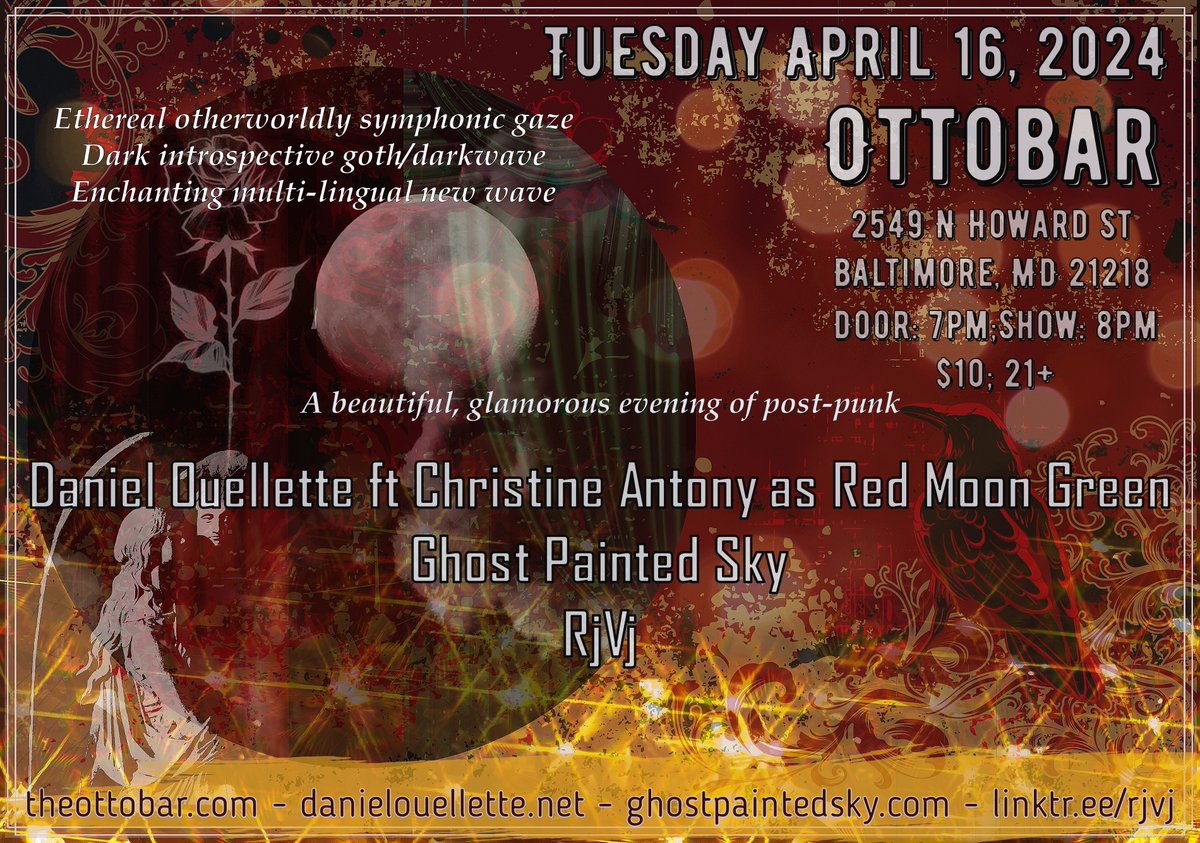 ghostpaintedsky's tweet photo. We'll be playing in Baltimore, MD for the first time on Tuesday April 8th with Daniel Oullette &amp; Christine Antony as Red Moon Green, and RjVj at The Ottobar (2549 N Howard St). Doors are at 7pm, show starts at 8, 21+, $10 cover. This will be our first show as a duo in some time. https://t.co/rpavAlejVL