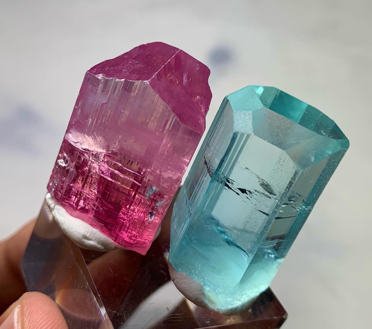 GeologyTime's tweet photo. Aquamarine and  Pink Tourmaline  crystals, Aqua from Shigar 🇵🇰 and Tourmaline from Laghman 🇦🇫

Photo: Mirfineminerals https://t.co/BXX8cl0F6t