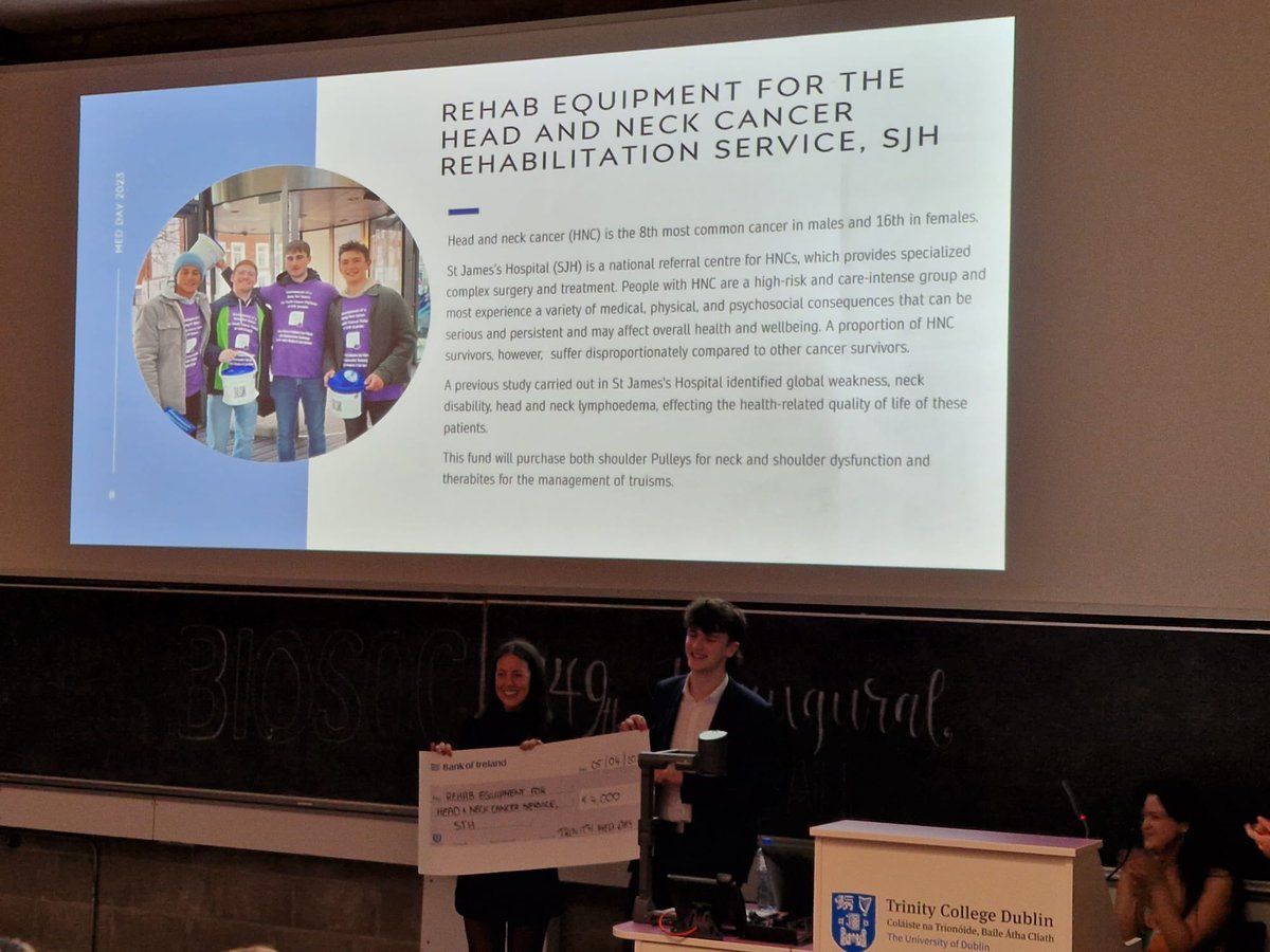 kellyaacoghlan's tweet image. Thank you to @TCDBiosoc and @TrinityMedDay for the 2 extremely generous donations to @stjamesdublin physio. Head and Neck Cancer Rehab and MS. Congratulations on an extremely successful year. @GillQuinn212 @yvonnepburke