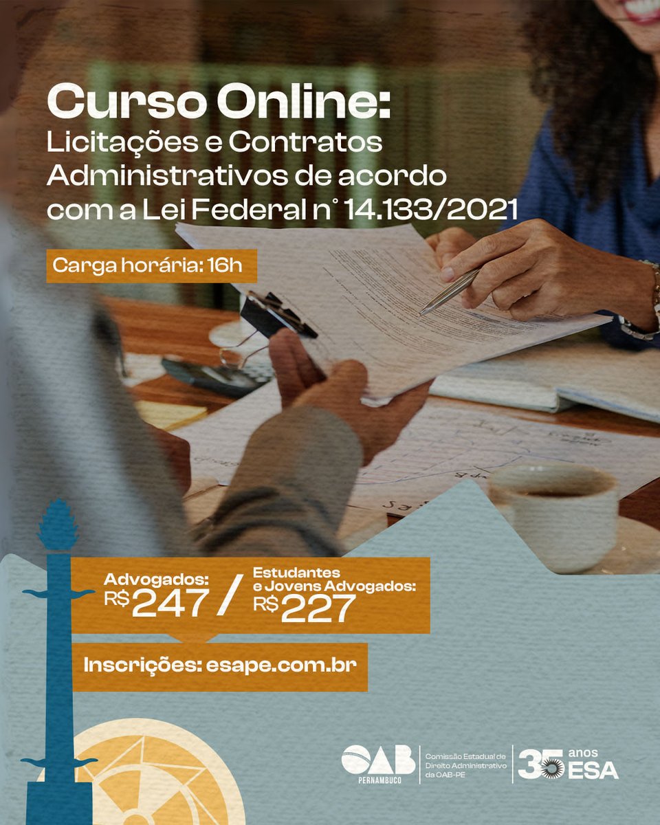 ESAOABPE's tweet photo. Já conhece a nossa formação online!

🚀 Atualize-se de onde estiver! Interessado em ficar por dentro das últimas novidades sobre Licitações e Contratos Administrativos conforme a Lei Federal nº 14.133/2020?

Inscreva-se hoje! https://t.co/C8CspI8Orh