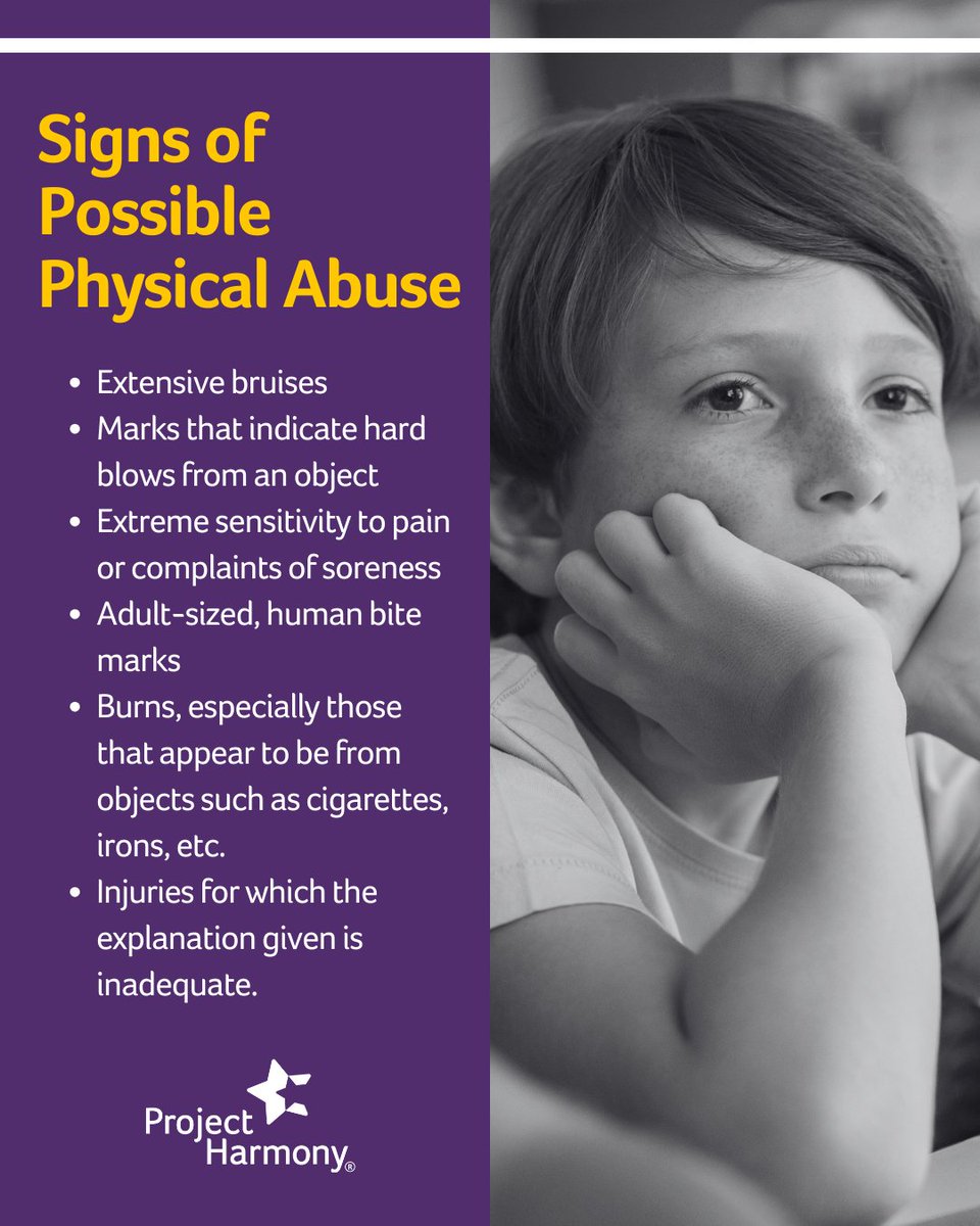 Don’t expect obvious signs when a child is being abused. Signs are often there, but you must know what you’re looking for – they can be physical, emotional or behavioral. Learn more at projectharmony.com/resources/sign…. #ChildAbuseAwarenessMonth #ChildAdvocacy
