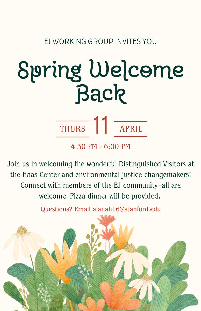 Please join us at our spring EJ welcome back from4:30-6pm on 4/11 at the Stanford Farm! All are welcome and pizza will be provided, RSVP here: docs.google.com/forms/d/e/1FAI…
