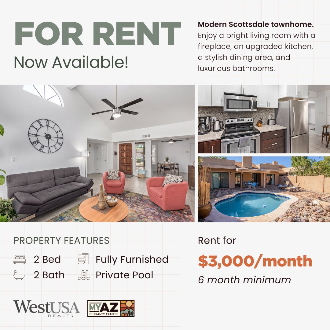 #FullyFurnished Rental
14375 N 91ST PLACE, SCOTTSDALE, AZ 85260

2 Bed | 2 Bath | 1,192 SqFt
Rent for $3,000/month
Call Flower Luttrop: 602.573.1446

#forrent #vacationrentals #backyardpool #housewithapool #phoenixrealestate #phoenixhomes #WestUSARealty #MyAzRealtyTeam