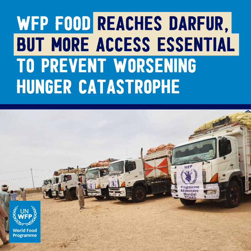 Sudan: For the first time since February, @WFP convoys with desperately-needed food & nutrition supplies reached Darfur. Consistent, safe humanitarian access is needed to allow more aid in & prevent further suffering. wfp.org/news/first-foo…