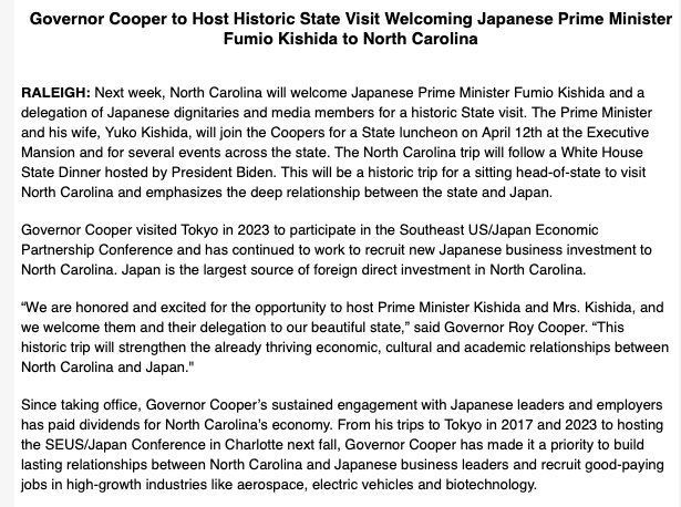 Inbox: After his White House State dinner and and visit to Washington next week Japan Prime Minister Fukui Kishida will visit North Carolina. He will join @NC_Governor for a State luncheon on Friday and take part in several visits across the state. #ncpol @SpecNews1RDU