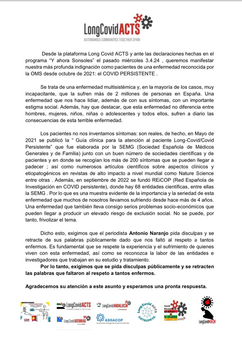 LongCovid ACTS(Autonom.Communities Together Spain) (@longcovidspain) on Twitter photo Estimados responsables del programa <a href="/YAhoraSonsoles/">Y Ahora Sonsoles</a> queremos expresar nuestro profundo malestar ante los comentarios desafortunados en su programa por parte de algunos tertulianos rogamos que no se menosprecie ni se trate como un cuento la realidad del COVID PERSISTENTE Estimados responsables del programa <a href="/YAhoraSonsoles/">Y Ahora Sonsoles</a> queremos expresar nuestro profundo malestar ante los comentarios desafortunados en su programa por parte de algunos tertulianos rogamos que no se menosprecie ni se trate como un cuento la realidad del COVID PERSISTENTE