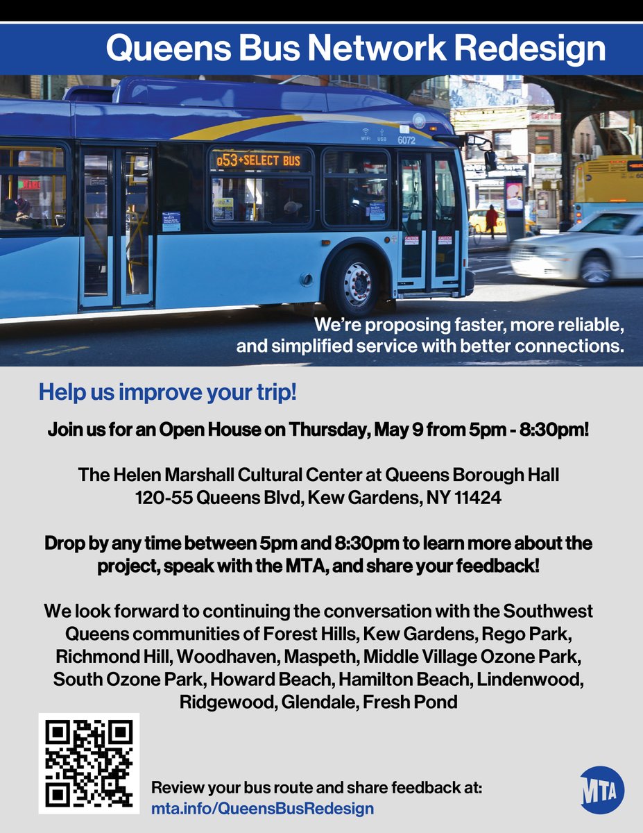 My office is happy to be hosting the fourth public workshop on Thursday, May 9 from 5pm to 8:30pm, right here at Borough Hall. Head to mta.info/queensbusredes… for more info about the plan or the series of public workshops the @MTA is holding.