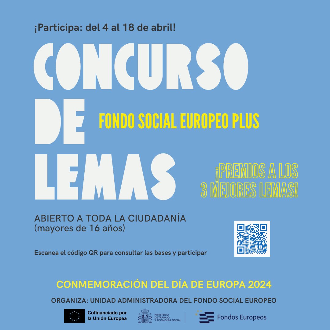 ¿Vives en ##españa? 🇪🇸 ¿Te gustaría ganar 250 #euros? Entonces participa en este #concurso de lemas del Fondo Social Europeo+! #FSE+ 🗓 Tienes hasta el 18 de abril para participar Bases 📄: lnkd.in/eMATdDmq Inscripción: lnkd.in/eQ92HZ_J