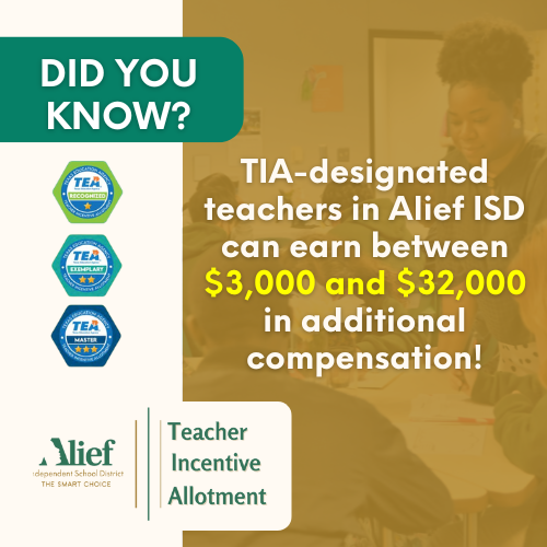 AliefISD's tweet image. Attention Alief ISD teachers! TIA-designated educators can earn $3,000 to $32,000 in extra compensation! 💰 Join the movement! Apply today at tinyurl.com/AliefTIA #AliefISD #TeacherIncentiveAllotment