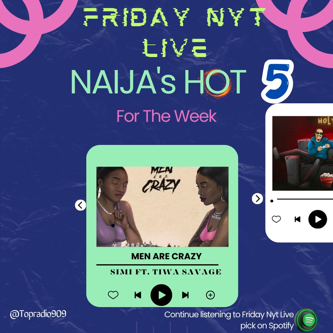 #FeelGoodMusic #FridayNytLive #NaijasHot5 with @IamStanzworld x @Iamlumi007 @ NO1, MEN ARE CRAZY by @SympLySimi FT @TiwaSavage open.spotify.com/playlist/5Reck…