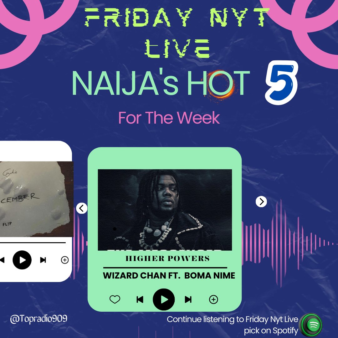 #FeelGoodMusic #FridayNytLive #NaijasHot5 with @IamStanzworld x @Iamlumi007 @ NO5, HIGHER POWERS by @_WizardChan_ ft #BomaNime open.spotify.com/playlist/5Reck…