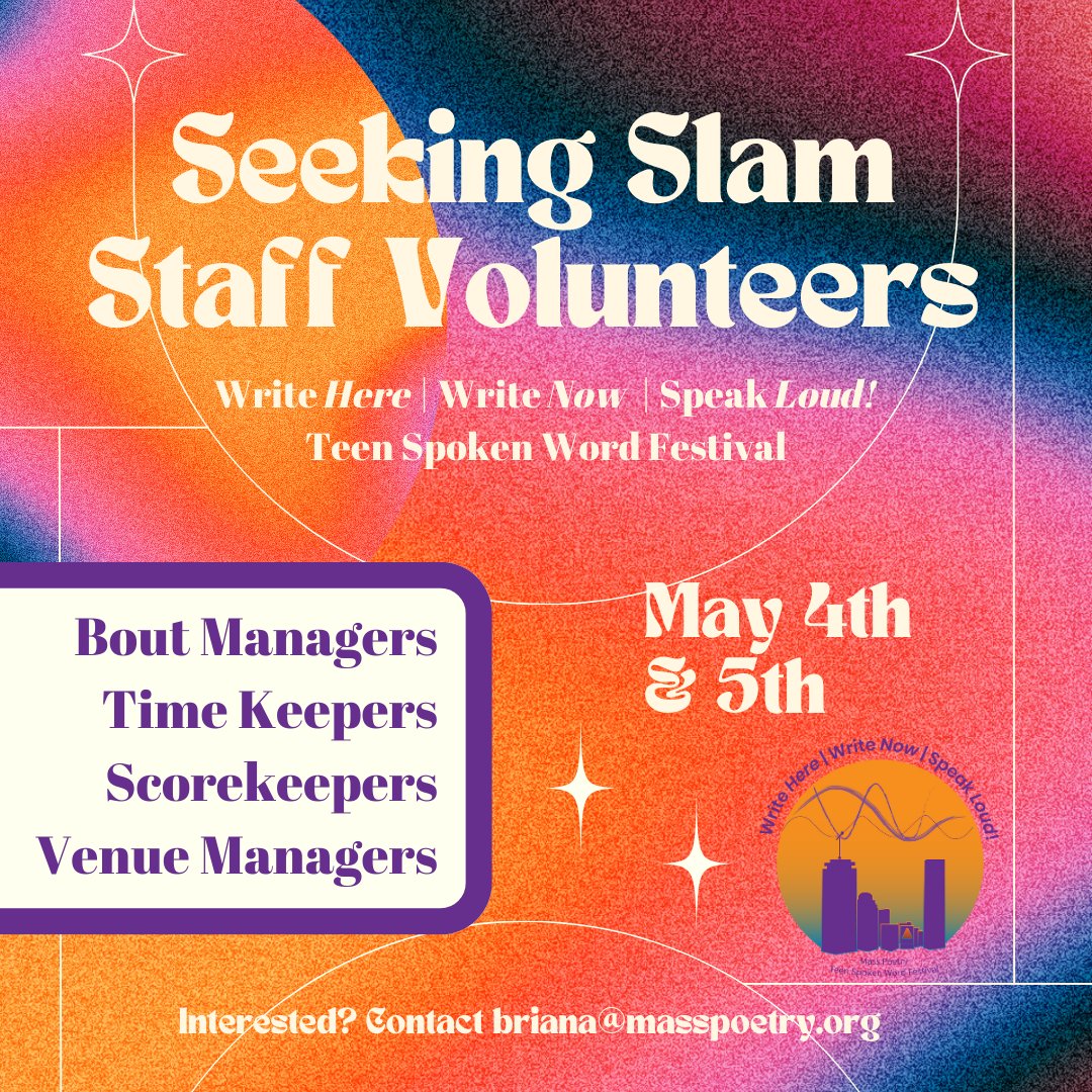 Mass Poetry is seeking poetry slam bout staff for our Teen Spoken Word Festival! We are looking for bout managers, time keepers, scorekeepers, and venue managers! If you are interested, please fill out this form: docs.google.com/forms/d/e/1FAI…!