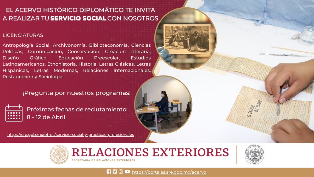 📷Realiza tu #ServicioSocial en el Acervo Histórico Diplomático, conoce fechas de reclutamiento y programas vigentes en 📷shorturl.at/ABN12