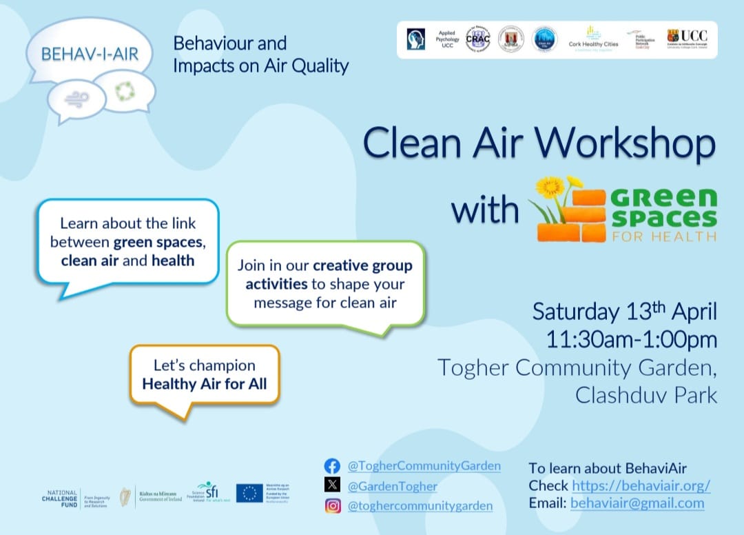 Join us @GardenTogher for a clean air workshop hosted by @BehaviAir Saturday April 13, no need to book, just come along to our outdoor classroom 11.30 @CorkHealthyCity @MaricaCassarino @SHEP_Ireland @corkcitycouncil @CorkCityPPN @TogherGirls @creat
