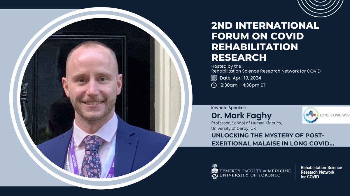 2 weeks away! @DrMark_Faghy will be the Keynote speaker at our upcoming Forum on #COVIDRehab Research. Dr. Faghy will present 'Unlocking the mystery of Post-Exertional Malaise in Long COVID…' Register now! tinyurl.com/4uj5k2cn @LongCOVIDWebCA @LongCOVIDPhysio