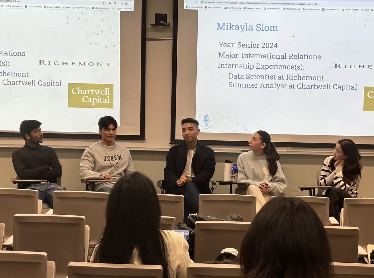 Insider tips from NYU student internship rockstars! 🌟 Denise Chow, Justin Chui, Michael dela Rosa, Mikayla Slom, & Joshua Alfred shared their expertise at the CDS' Internship Panel & Resume Workshop. Attendees discovered strategies for data science internship success! 💡