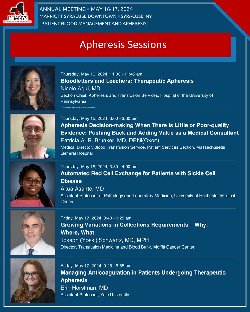 Along with PBM, this year's BBANYS Annual Meeting will focus on apheresis. We have a handful of fascinating talks lined up on this topic throughout both days – view the full #BBANYS2024 schedule here: bbanys.org/2024-annual-me…