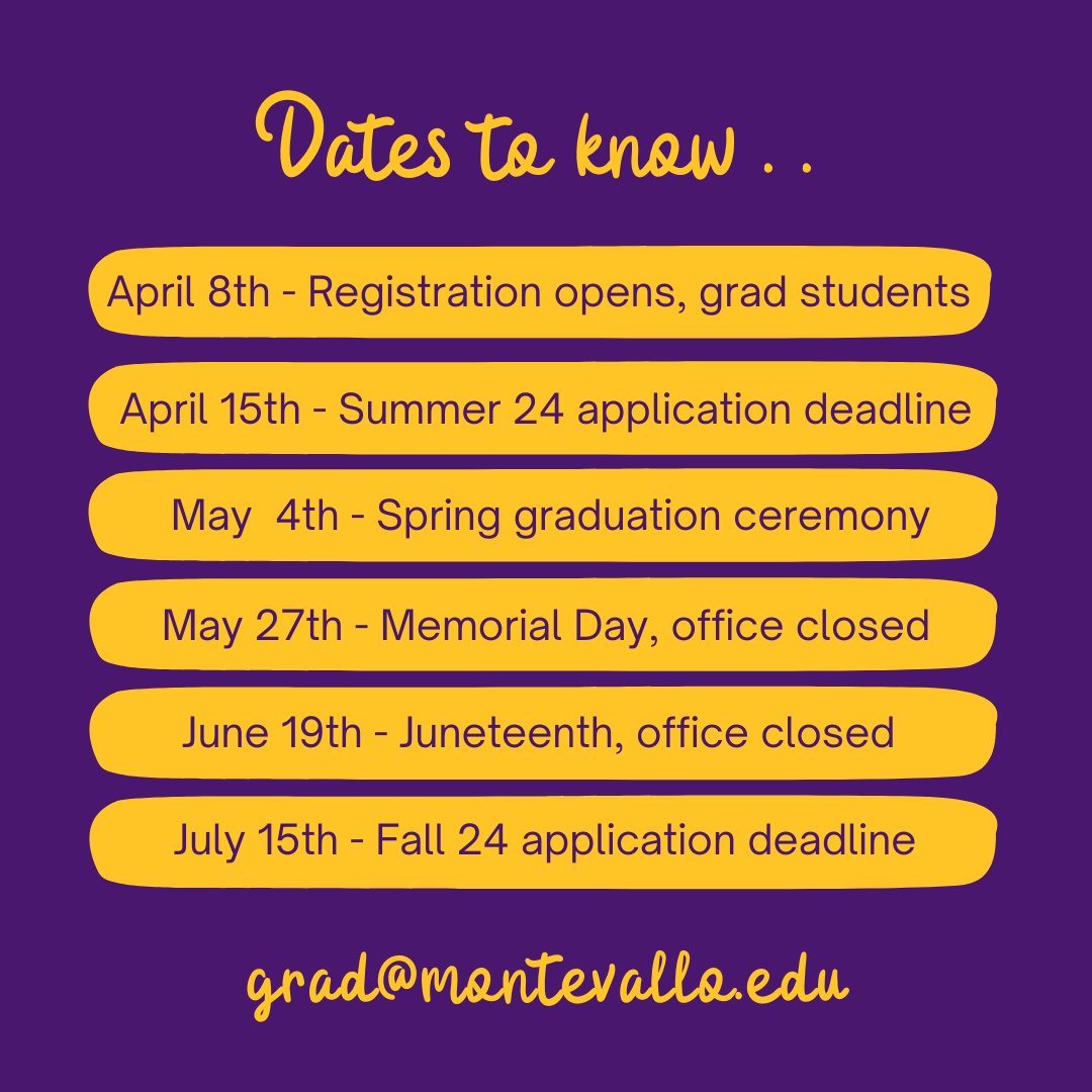 Good afternoon, Falcons! Just wanted to remind you of some important dates that are coming up at the Grad Office. Don't worry, we'll keep you updated with all the latest information. Remember, #YouBelongAtMontevallo