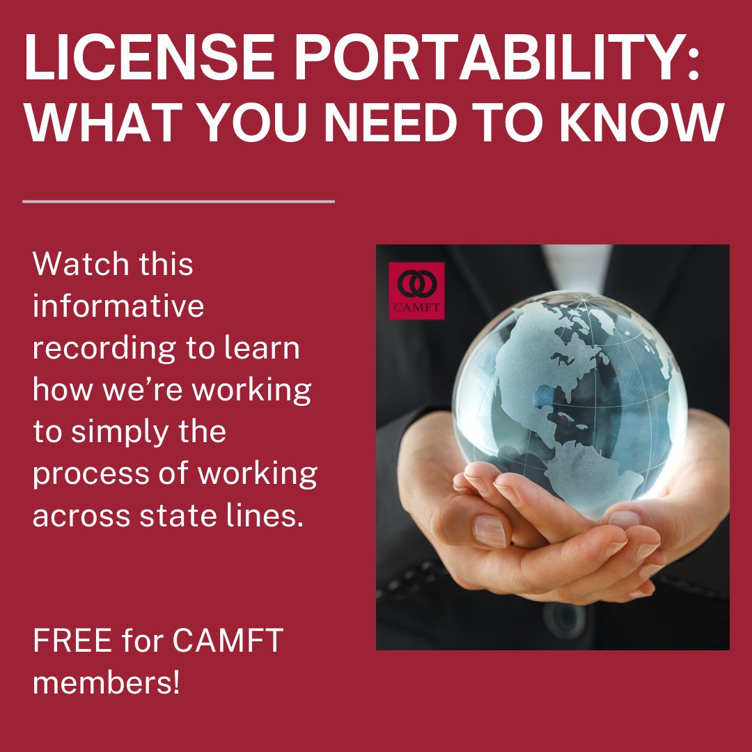 View our joint webinar with AAMFT exploring game-changing strategies for easier licensure portability. Let's break down barriers and pave the way for a brighter tomorrow!  
ondemand.camft.org/courses/51471

#MFT #LicensePortability #FutureOfWork  #aamft