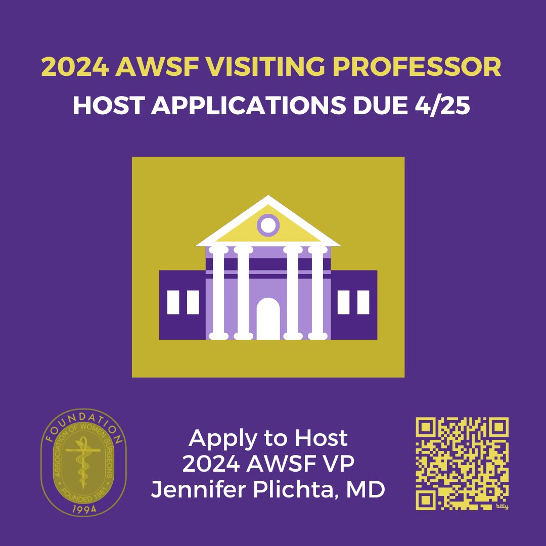 Attention community and university training institutions: Apply by April 25 for a chance to host the 2024 AWS Foundation Visiting Professor, Dr. Jennifer Plichta! Learn more and apply at womensurgeons.org/visiting-profe…