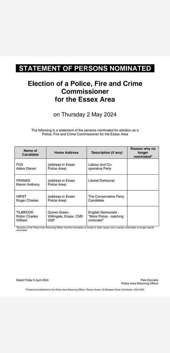 I am now confirmed as a candidate in the upcoming Essex Police, Fire and Crime Commissioner elections and I look forward to the opportunity to hold the Conservatives to account on policing, crime and fire services.