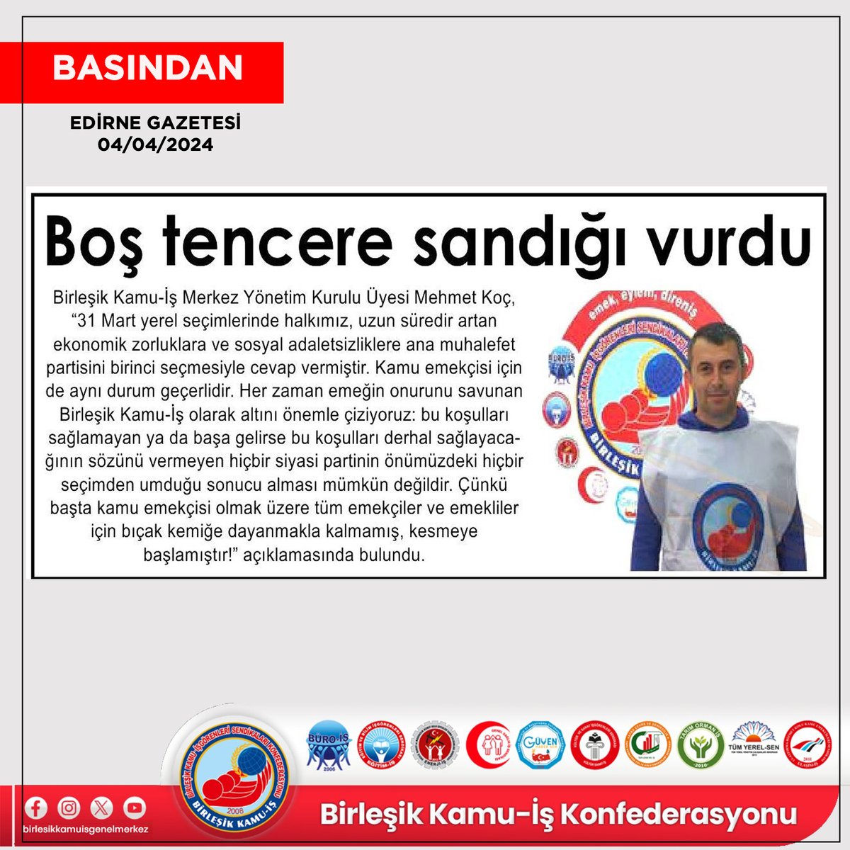 Basında Konfederasyonumuz basın açıklaması: 'Boş tencere sandığı vurdu' @edirnegazetem @mehmetkoc #boştencere #sandık #yerelseçim