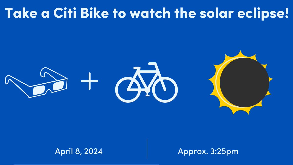 Headed somewhere special in the city tomorrow for the solar eclipse? Hop on a Citi Bike to get you there! New Citi Bike riders can use the code “ECLIPSENYC24” tomorrow in the Lyft app for a free unlock. Terms apply.