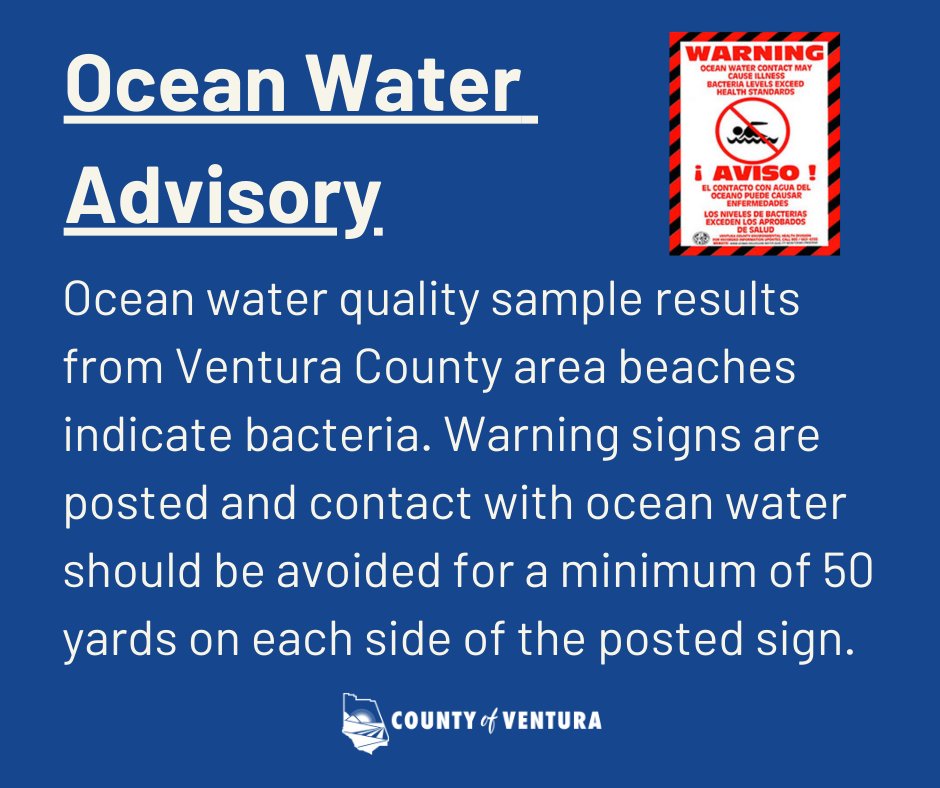 ⚠️Ocean water quality results for samples collected at these VC beaches failed to meet State standards for bacteria: 🌊Rincon Beach at Creek 🌊Faria County Park 🌊Surfer’s Point at Seaside 👉Warning signs are posted & contact should be avoided. 🔗vcrma.org/ocean-water-qu…