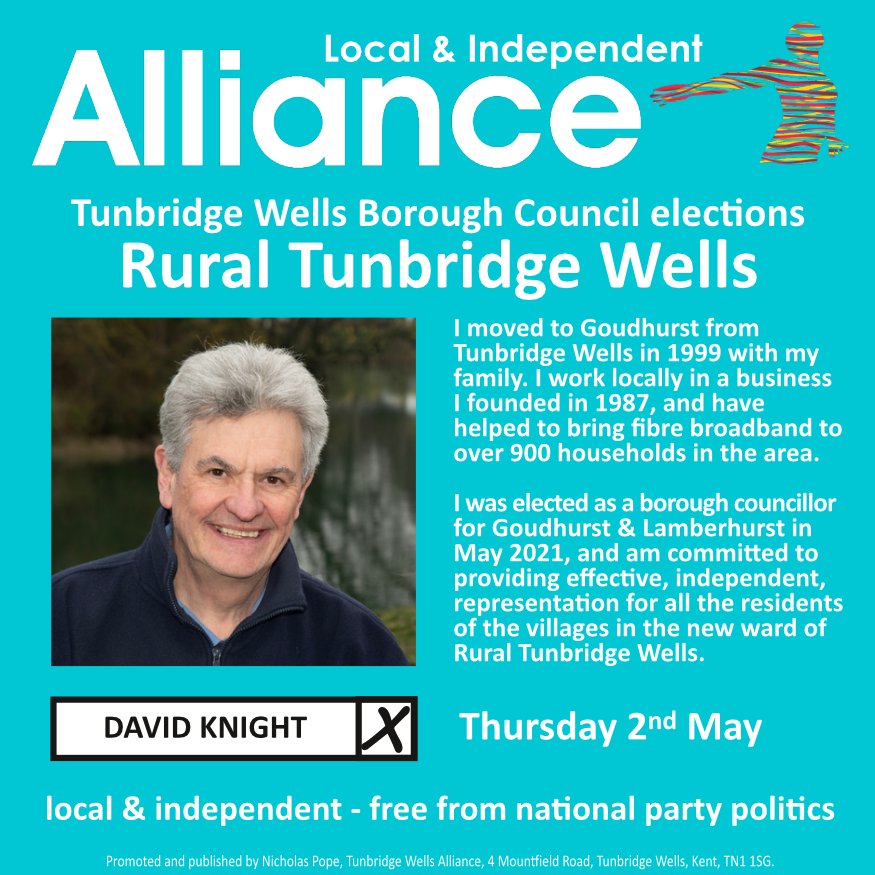 TWellsAlliance's tweet photo. David Knight is standing for election in the Tunbridge Wells Borough Council elections in the Rural Tunbridge Wells ward.

local &amp; independent - free from national party politics - The Alliance

#localelections2024 #twbc #boroughcouncil #alliance #twalliance #candidates2024 https://t.co/9wPRIxcXU1