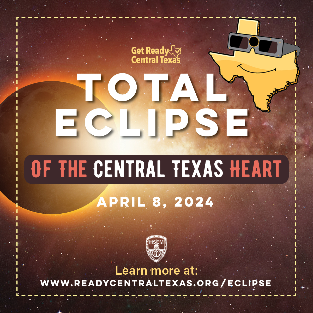 Today is the day! Don’t miss the total solar eclipse. We won’t experience one in Central Texas again until 2343. Learn more about safely viewing the eclipse and events in our area at ReadyCentralTexas.org/eclipse.