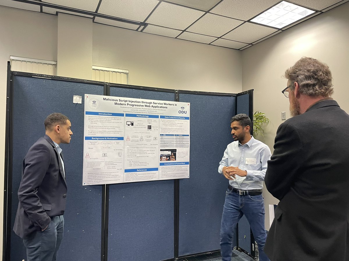 HimarshaJ's tweet photo. .@siva_skanda & @mibra004 presented their poster titled "Malicious Script Injection via Service Workers in Modern Progressive Web Apps" at the @ODUโs 1st #GSGA Annual Research Conference!
@haoscs @ODUSCI @oducs https://t.co/r60pE8QU6o