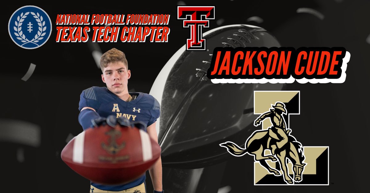 The next 2024 @NFFTexasTech Scholar Athlete is 𝗝𝗮𝗰𝗸𝘀𝗼𝗻 𝗖𝘂𝗱𝗲 from Lubbock High. Class President, Football Captain, Debate, Theatre, National Merit Commended Scholar✔️☑️✅ Congratulations Jackson‼️   @LubbockHSSports | @AthleticsLISD | @jackson_cude