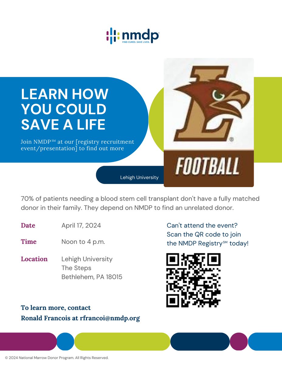Lehigh football will be hosting its annual bone marrow registry drive on Wednesday April 17! For more information visit: bethematch.org @nmdp_org #GoLehigh #TheNest