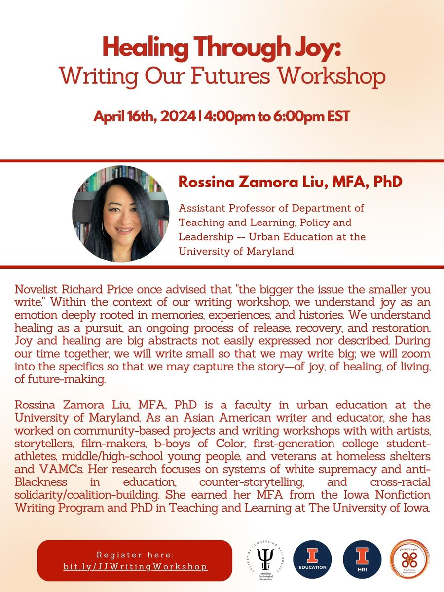 This is going to be amazing! 
 
Dr. Rossina Zamora Liu is offering a Healing Through Joy: Writing Our Futures Workshop.  

4/16/24 4pm to 6pm EST

There is limited enrollment so register early: bit.ly/JJWritingWorks…

@rossinaliu @APADivision17 #justicejoyhealing