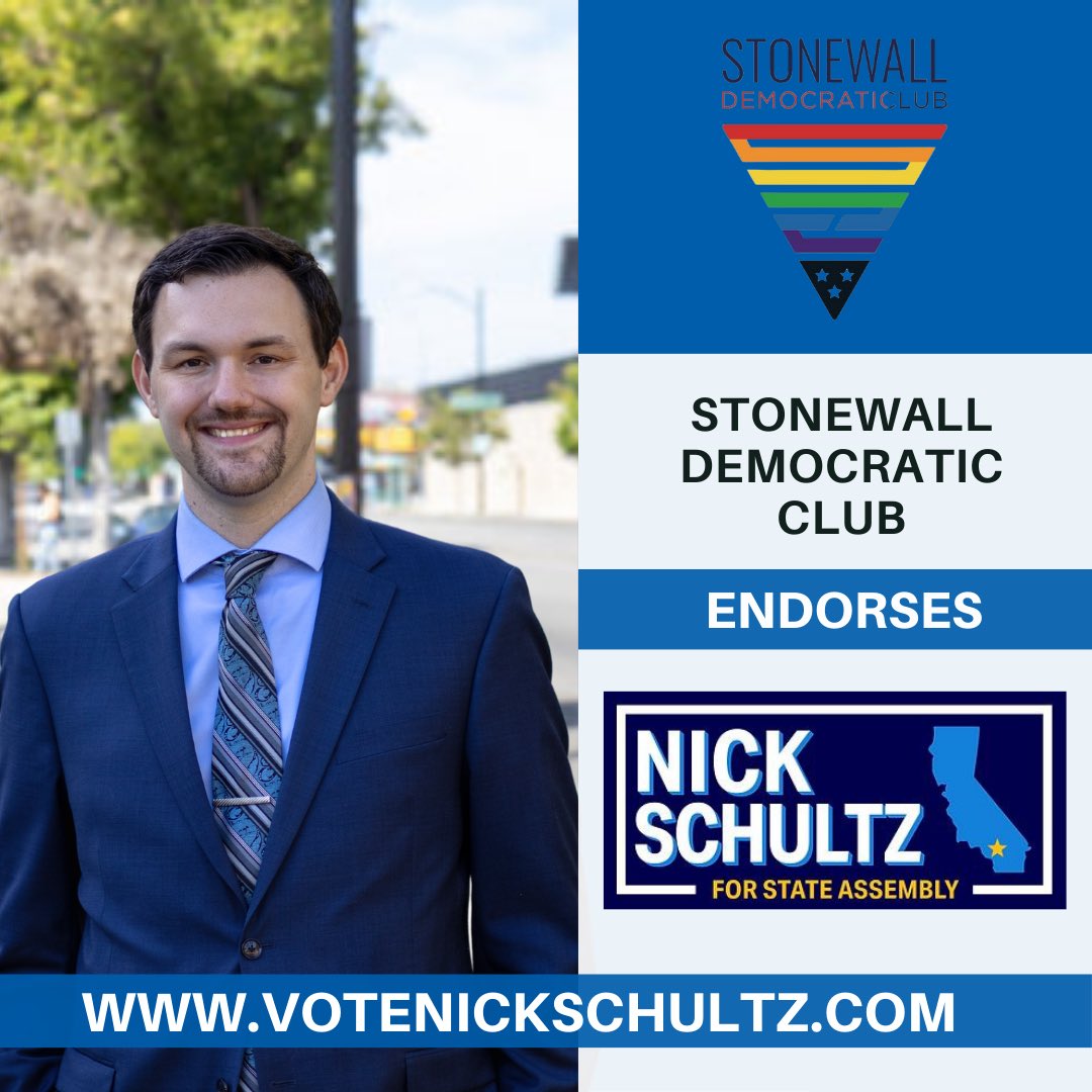 Nick Schultz (@votenickschultz) on Twitter photo I am excited to share that I have received the endorsement of the <a href="/StonewallDemsLA/">Stonewall Democratic Club</a>! I am honored to have their support and I look forward to working with them to advocate and amplify the voices of the LGBTQ+ Community. 🏳️🌈
#AD44 #TeamNick I am excited to share that I have received the endorsement of the <a href="/StonewallDemsLA/">Stonewall Democratic Club</a>! I am honored to have their support and I look forward to working with them to advocate and amplify the voices of the LGBTQ+ Community. 🏳️🌈
#AD44 #TeamNick