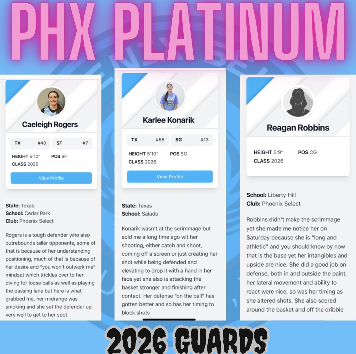 Three 2026 guards on our Phoenix Platinum 17U squad! 2 are ranked & the other was All State‼️ @CaeleighRogers ➡️ @CPLadyWolves @karleekonarik_ ➡️ @GirlsSalado @15ReaganRobbins ➡️ @LHHSGIRLSBB #PhoenixProud @girlzprepreport @PGHTexas @CoachLTid