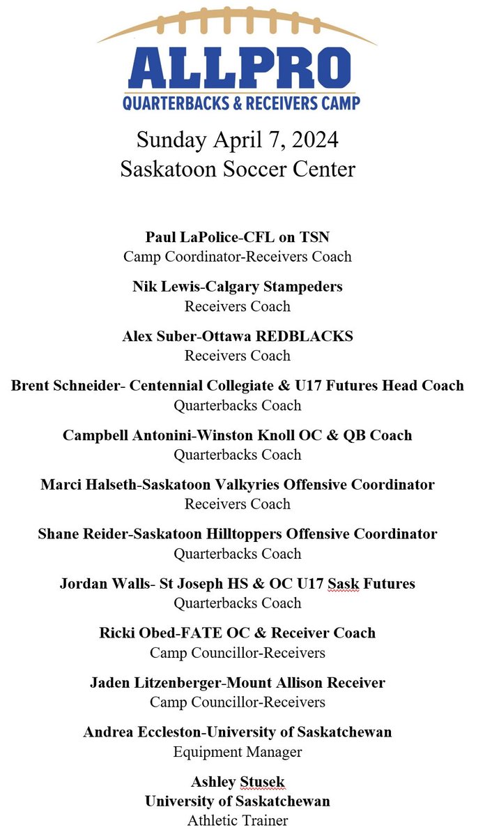 So impressed with the people of Saskatchewan as I leave tomorrow for our QB & WR Camp as we have 101 registered campers for Sunday!! Looking forward to a great day of fundamentals and a lot of fun. As always thanks to the help of @FootballScoop @R_M_Football @SMF_2002