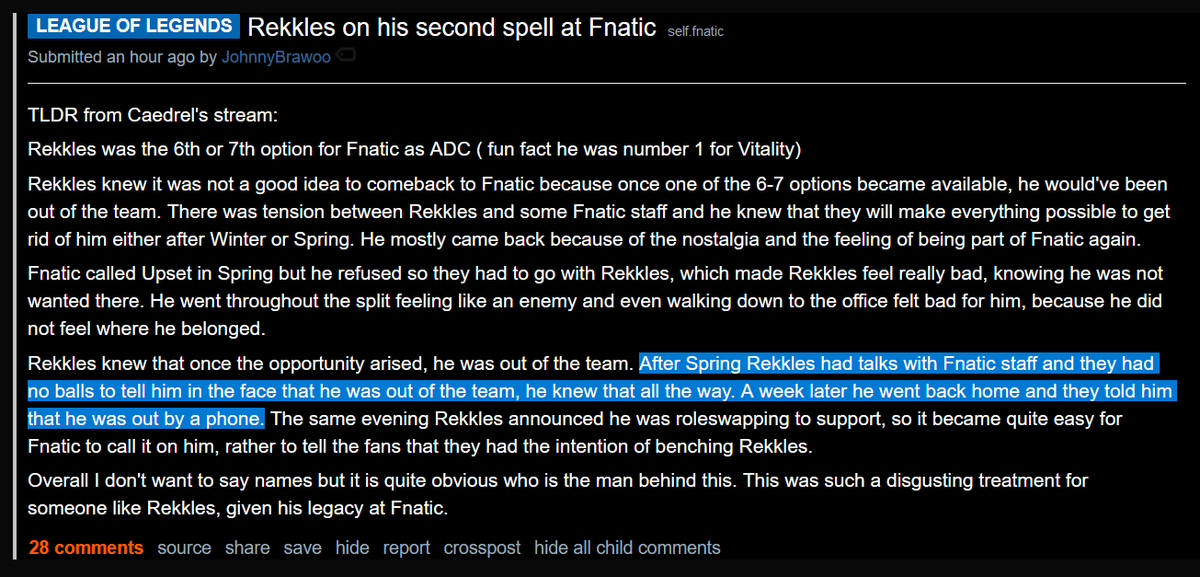 Yikes... If all of this is true, the way Rekkles was treated during his comeback to Fnatic is crazy. This is all too common in esports honestly; It's appalling just how badly some teams are run. How can anyone perform in such a team environment? #LEC