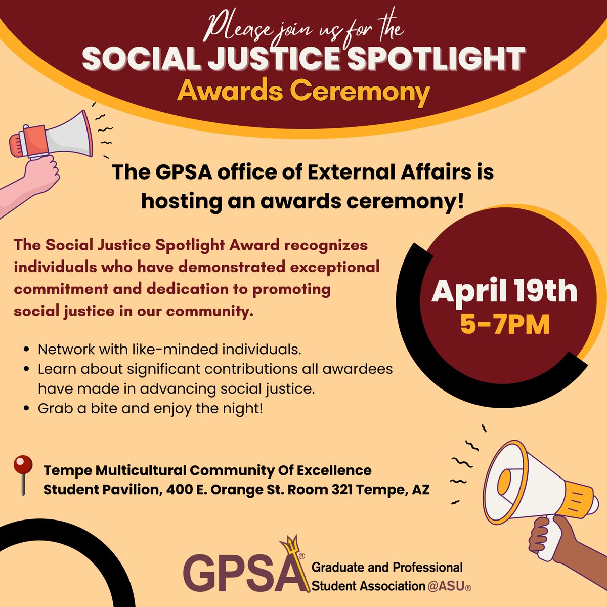 gsg_asu's tweet photo. Please join us on April 19th from 5-7pm for the Social Justice Spotlight Award Ceremony! This award recognizes individuals who have demonstrated exceptional commitment and dedication to promoting social justice in our community. All are welcome! https://t.co/8LL0Xfmpe8
