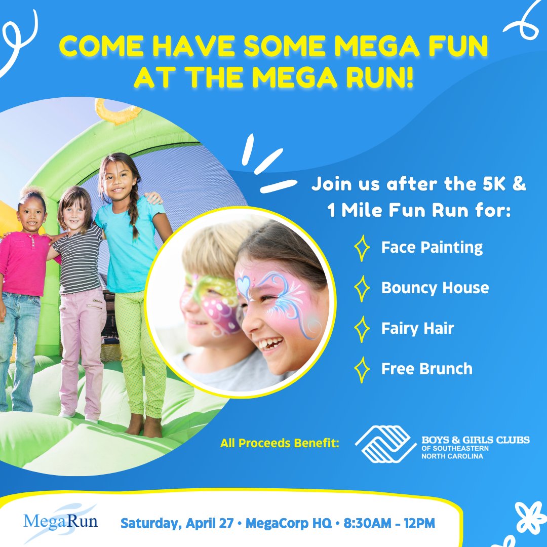 Bring the kids for a day filled with Mega FUN at the MegaRun on Saturday, April 27! 🏃‍♂️🏃🏾‍♂️🏃🏼‍♀️hubs.ly/Q02rX-F80 @bgcsenc #MegaCorp #MegaRun #MegaCares #lovewhereyouwork #3pl #WilmingtonNC #TrustThatWeWillDeliver #MegaCorpLogistics #FunRun #5k #TeamMega